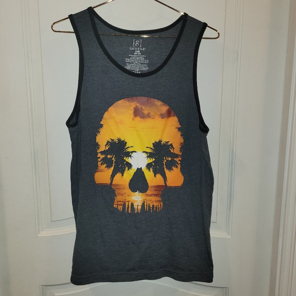 George, charcoal gray tank with skull, size S